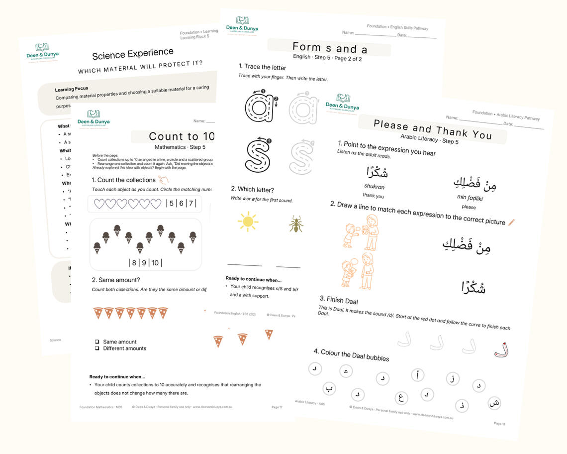 Deen & Dunya Foundation Islamic Homeschool Sample Pack Deen & Dunya Foundation Islamic homeschool sample pack showing Science, Maths, English and Arabic Literacy learning pages